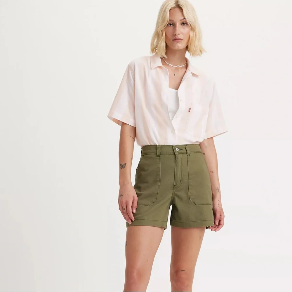 Levi’s Army Olive Green Utility Cotton Stretch Shorts Gorpcore Casual Cool Sz 27 - Picture 1 of 10